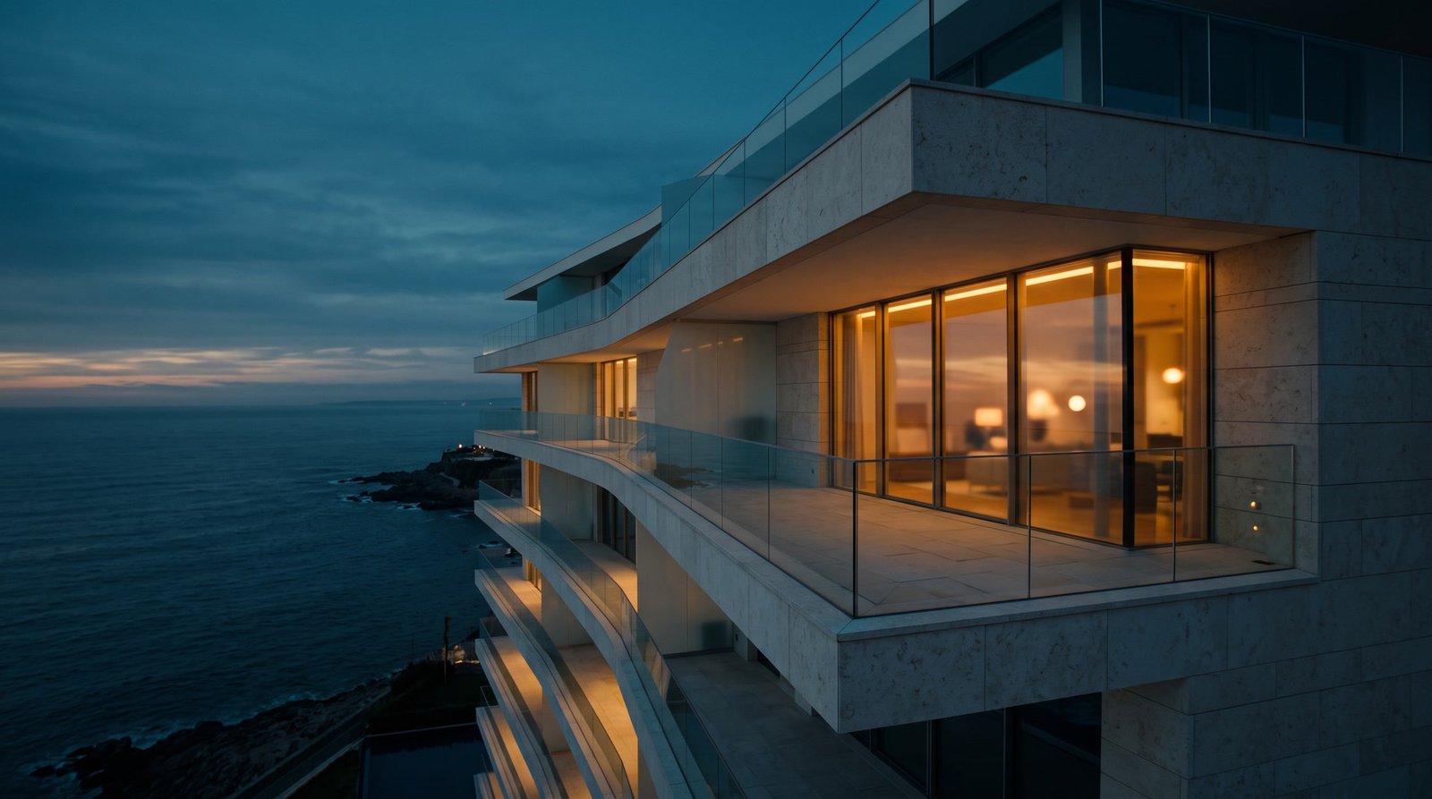Edifício contemporâneo em calcário sobre o mar, ao anoitecer, com o apartamento do último piso iluminado.